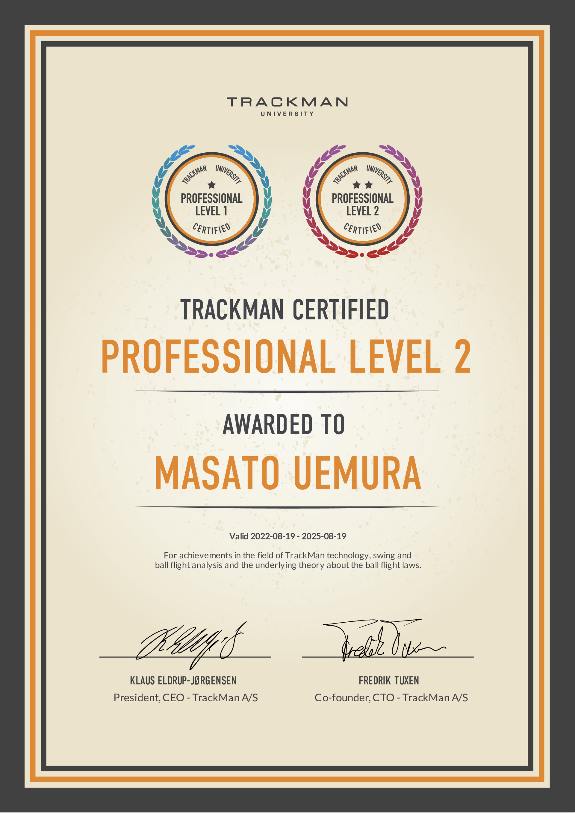 A certificate that says trackman certified professional level 2 awarded to masato uemura