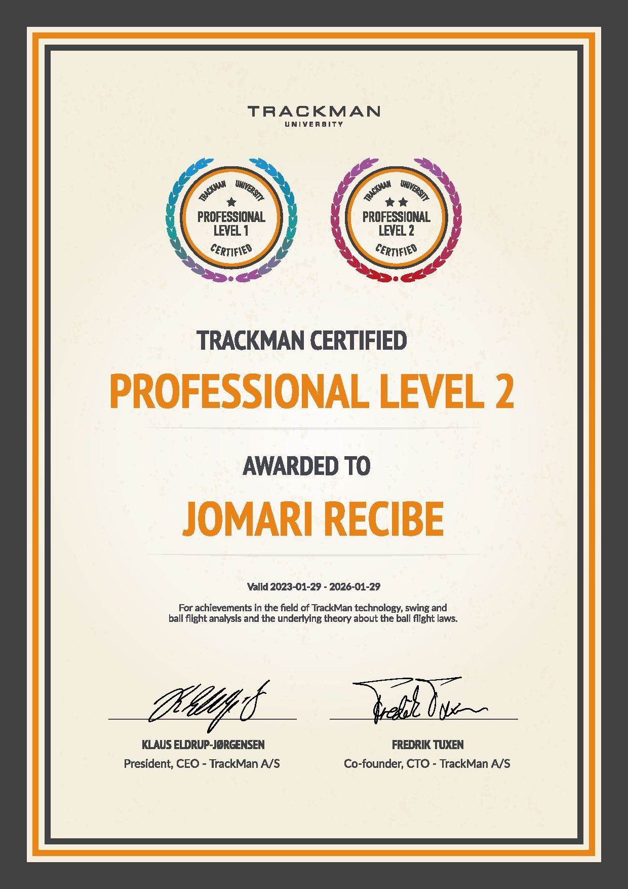 A certificate that says trackman certified professional level 2 awarded to jomari recibe.