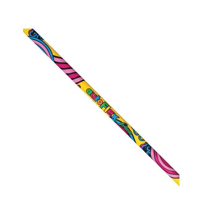 A flexible, bright yellow pencil featuring colorful, swirling patterns and the text "outoflex" printed in the center.