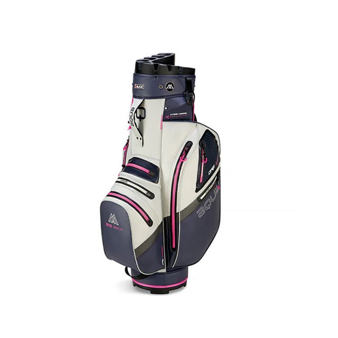 A white and blue golf bag with pink trim on a white background.