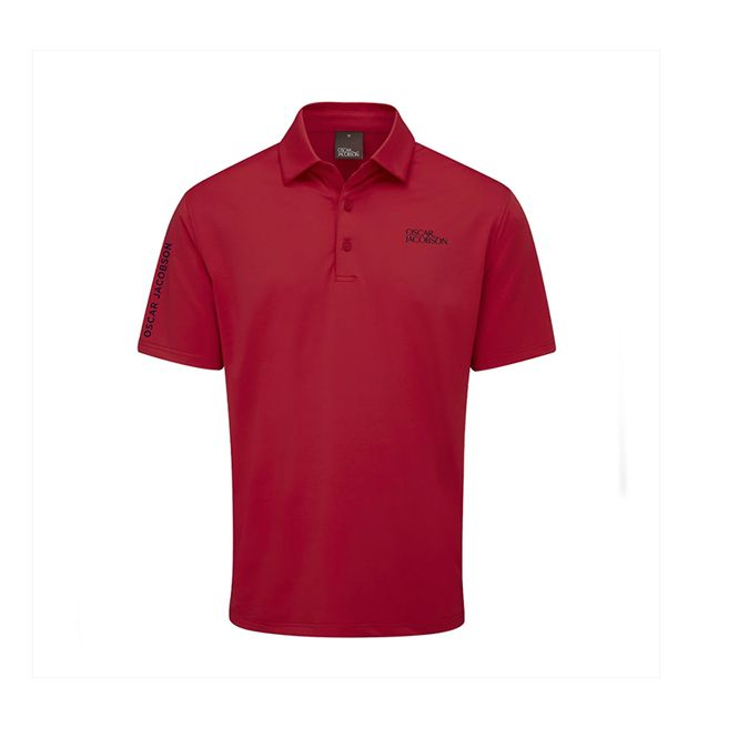 A red polo shirt with a black logo on the front