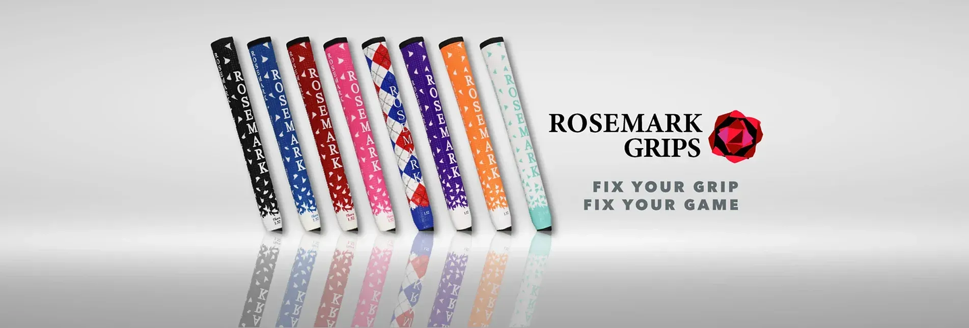 A row of rosemark grips are lined up on a white surface.