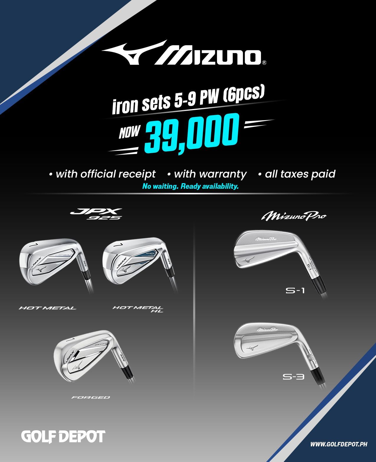 Mizuno iron set ad on black background, showing 5 to PW clubs, price 39,000 and Golf Depot branding
