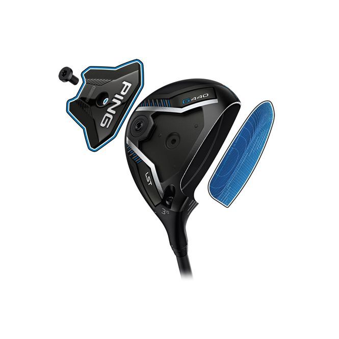 Exploded view of a black PING golf driver with blue accents, showing the head and removable parts.