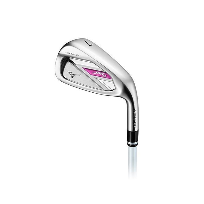 Silver Mizuno golf club with pink accents.