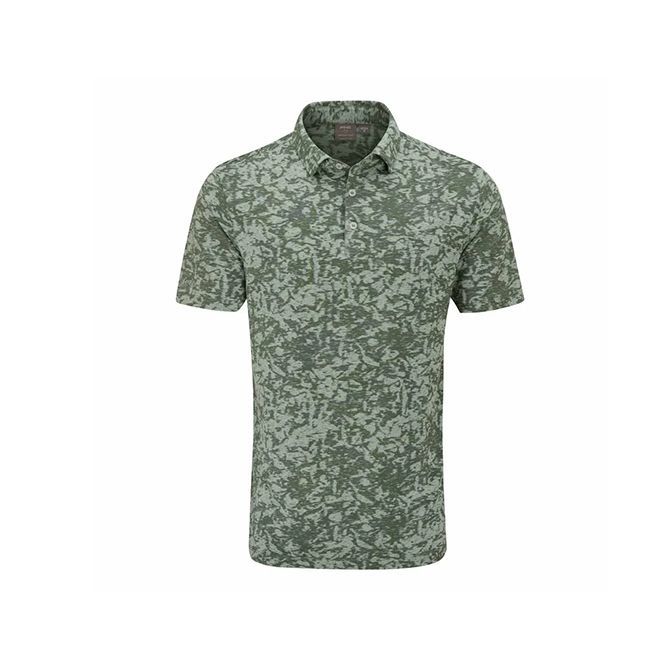 Green camouflage short-sleeve polo shirt on a white background