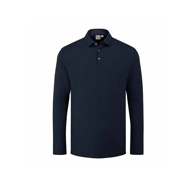 Navy blue long-sleeve polo shirt with a collar and three-button placket on a white background