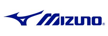 A blue and white logo for mizuno on a white background.