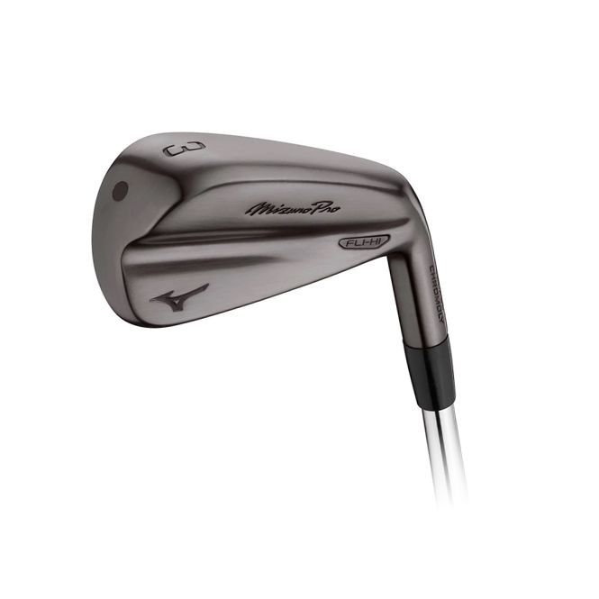 Close-up of a silver golf iron club head with black grip on a white background