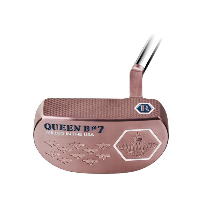 Rose gold golf putter with "Queen B #7" text and logo on the club face.