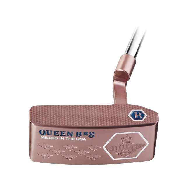 Rose gold golf putter with "Queen B" text, and a B logo.