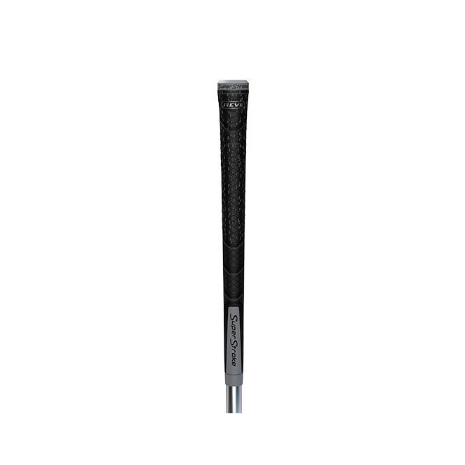 Black golf club grip with text on a white background.