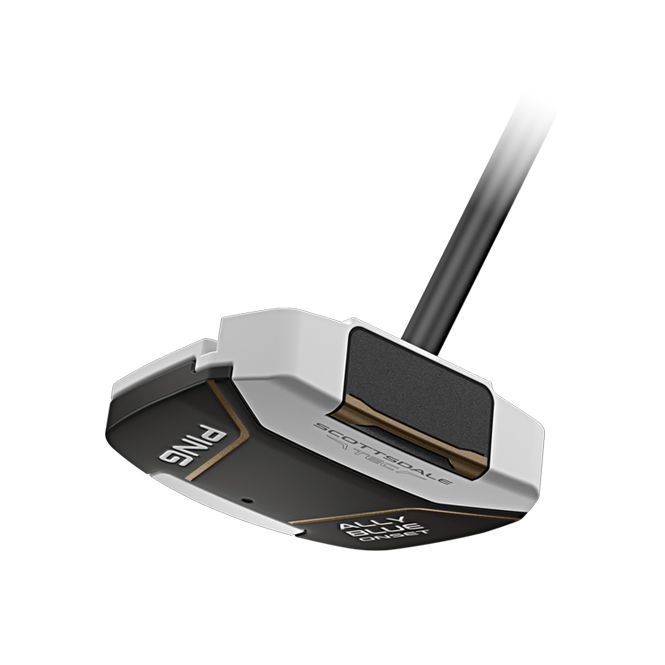 Black and silver golf putter head with shaft, shown against a white background