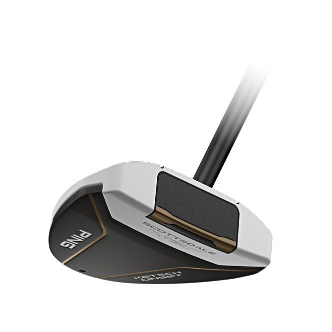 Close-up of a gray and black golf club head with a black shaft on a white background