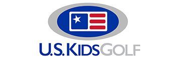 A logo for u.s. kids golf with an american flag and a star.