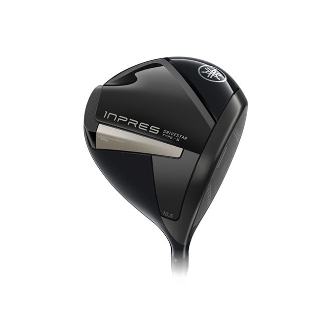 A close up of a black golf club on a white background.