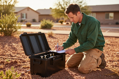 Owner inspecting an irrigation valve box on a Prescott Valley property at golden hour