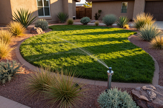 Completed irrigation and landscape installation at a Prescott Valley home during golden hour.