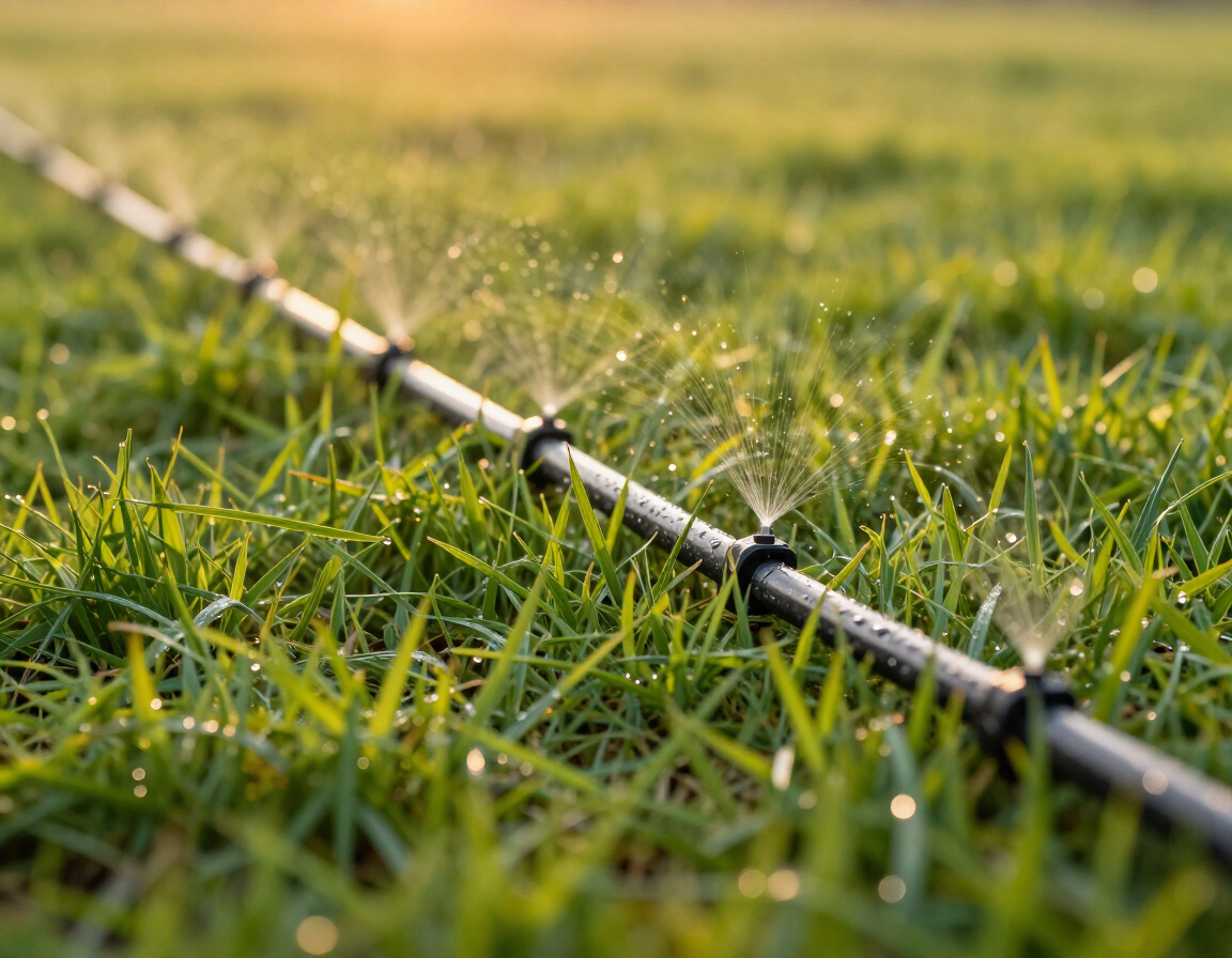 Drip irrigation line watering a healthy lawn