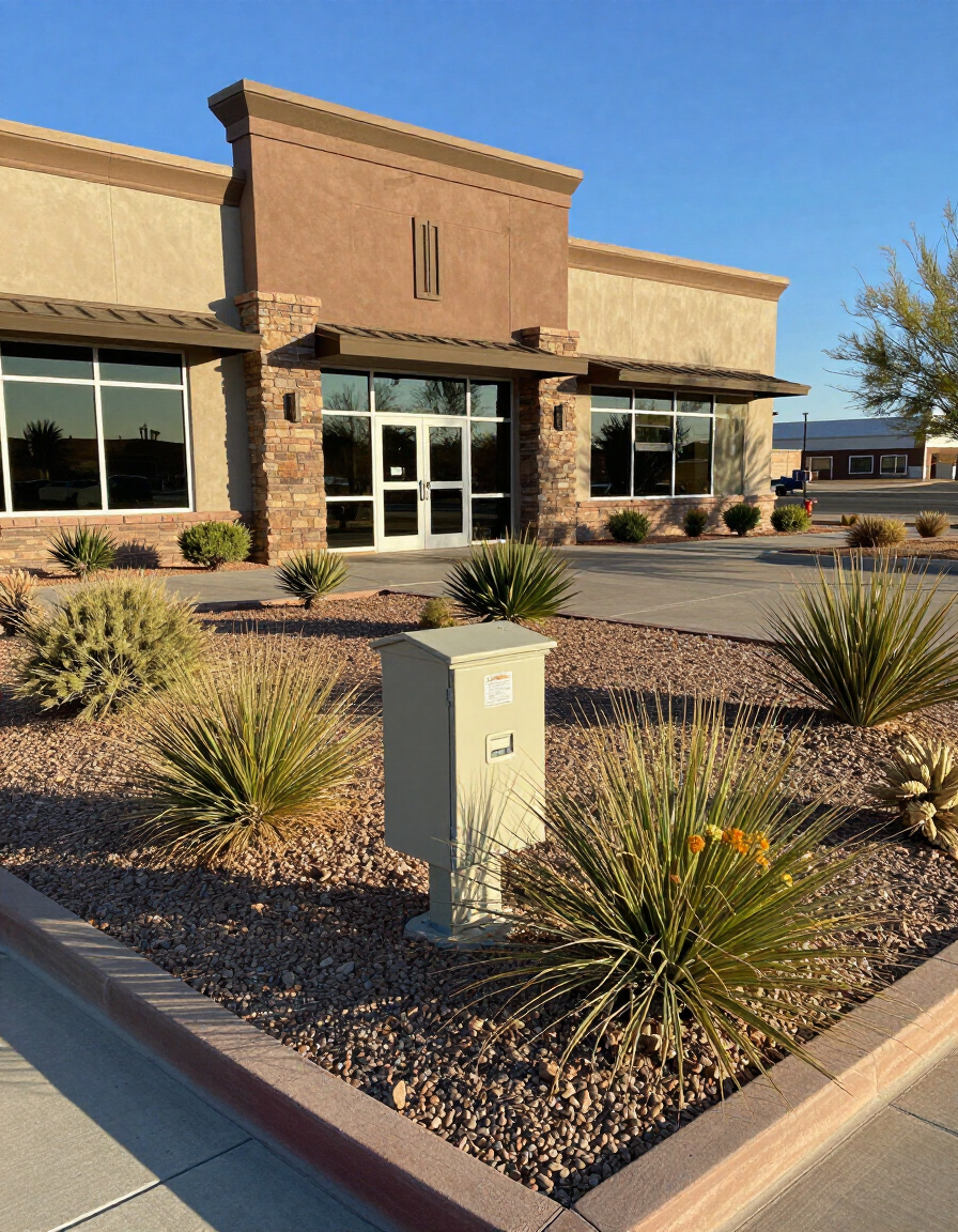 Commercial property with well-maintained landscaping and irrigation controller