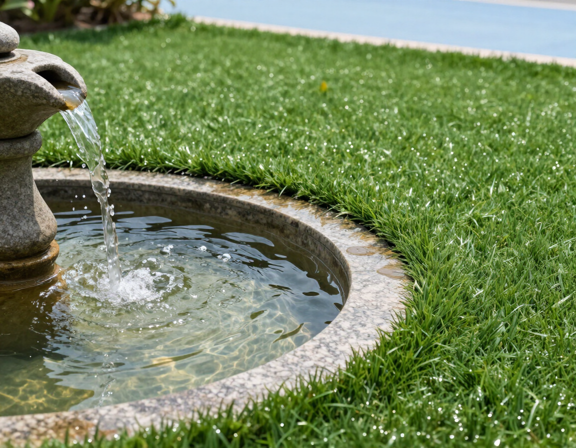 Small bubbling fountain beside installed turf