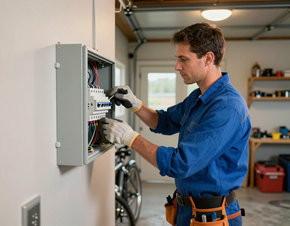 Electrician installing a breaker panel