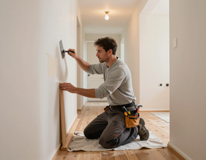 Contractor patching drywall and installing trim