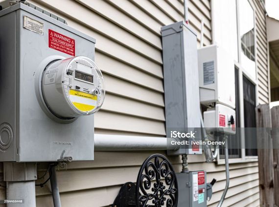 Close-up of electrical meter and dual power supply panel