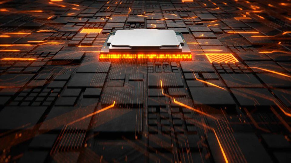 CPU su un circuito stampato, linee arancioni luminose.