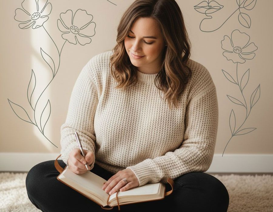 Woman in a cream sweater writing in a notebook, seated cross-legged against a wall with floral line art.