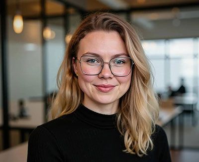 Smiling person with glasses and blonde hair in a black top, standing in an office setting.