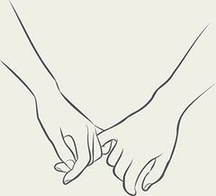 Two hands gently holding pinkies, drawn in simple black line art on a light background