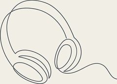 Minimal line drawing of over-ear headphones with a cord on a light background