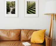 Tan leather sofa with yellow pillow beneath two framed nature prints beside a floor lamp