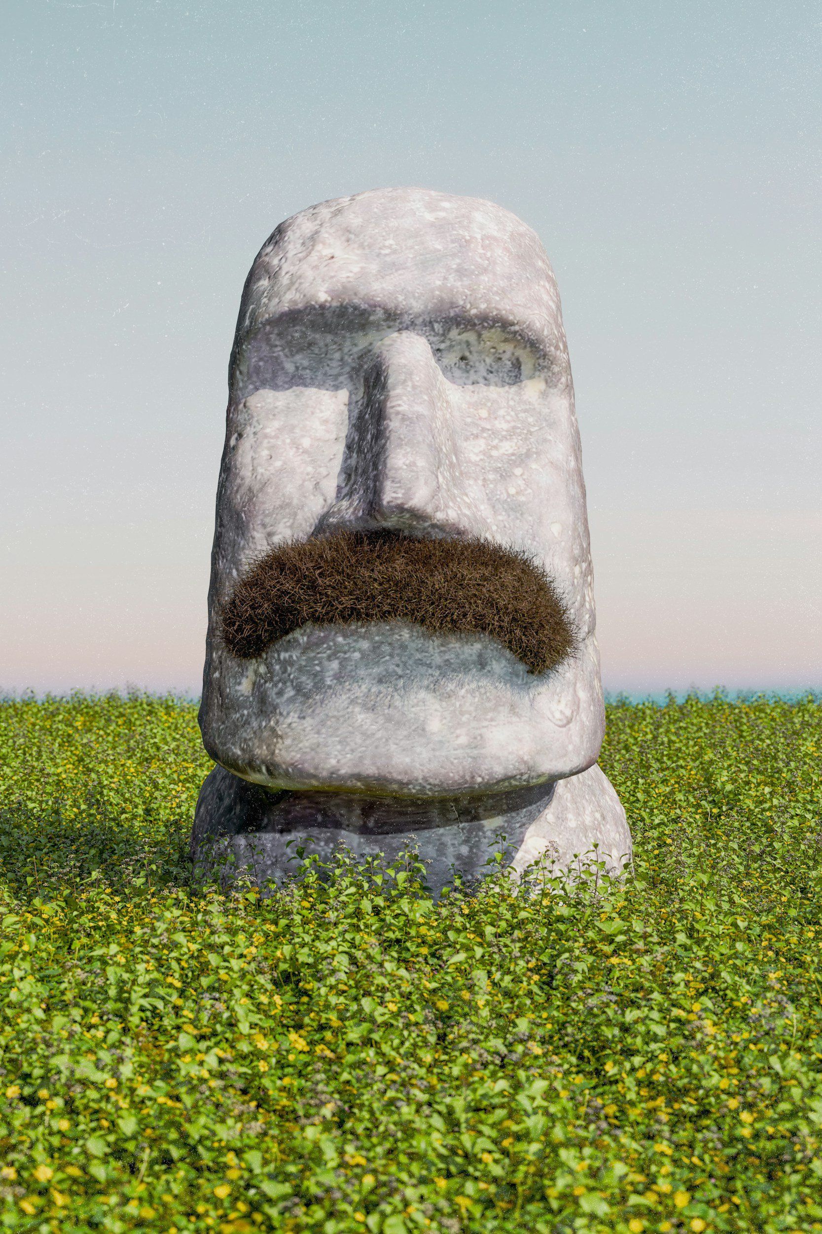 Large stone Moai statue in a grassy field under a pale sky