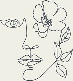 Minimal line-art face with a flower over one eye and leaves along the cheek on a beige background