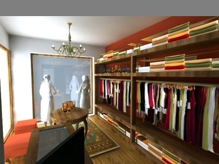 Vestidor luminoso de estilo boutique con percheros, estantes, espejo y lámpara de araña.