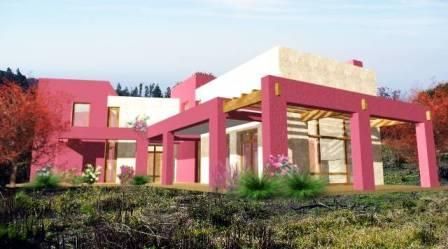 Edificio moderno de color rosa y blanco con grandes columnas abiertas y jardines en la fachada.