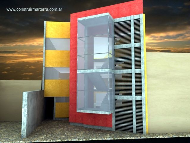 Representación arquitectónica en 3D de un edificio moderno rojo, amarillo y gris con paneles 