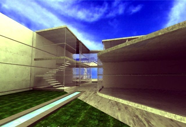 Patio abstracto en 3D con paredes de hormigón, escaleras y cielo azul, iluminado por una luz solar brillante.