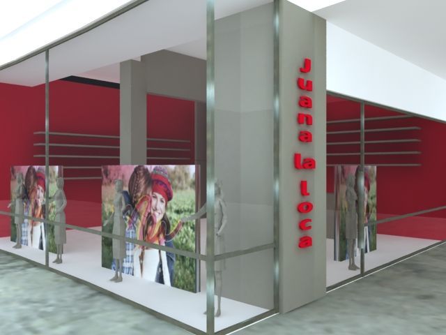 Fachada moderna con paredes de cristal, estanterías interiores rojas y carteles de moda en los paneles exteriores.