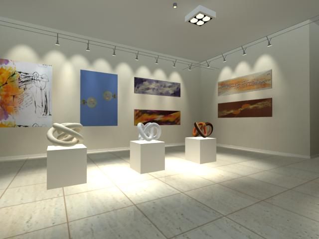 Galería de arte minimalista con pinturas murales abstractas y esculturas sobre pedestales blancos bajo iluminación de riel.