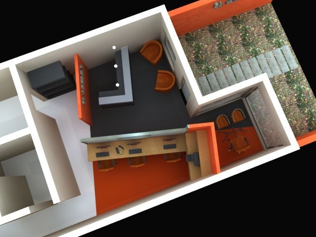 Plano 3D de un pequeño apartamento con detalles en color naranja, que incluye cocina, sala de estar y baño.