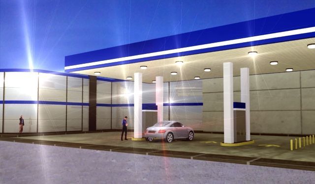 Gasolinera de noche con un coche aparcado bajo una marquesina de luces azules y blancas brillantes.