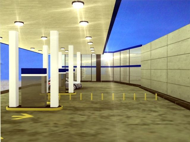 Garaje vacío con columnas blancas, marcas amarillas en los carriles y cielo azul vespertino visible en la entrada.