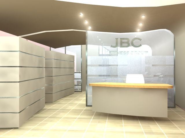 Moderna zona de recepción de oficinas con cubículos de color beige, un mostrador y paredes de vidrio 