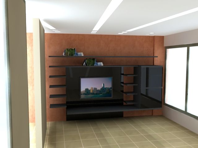 Salón moderno con televisor montado en la pared, estanterías empotradas y grandes ventanales a la derecha.