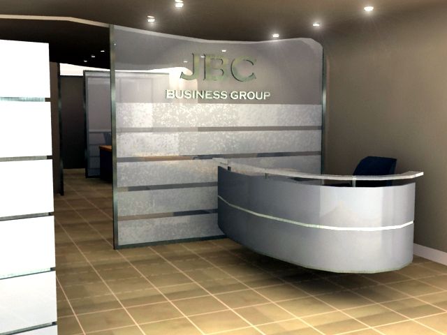 Mostrador de recepción de oficina moderno con paneles de pared plateados y suelo de baldosas.