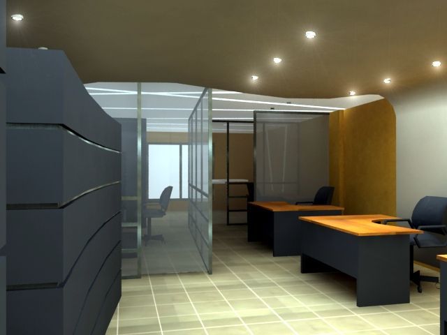 Interior de oficina moderno con mamparas de cristal, escritorios oscuros e iluminación cálida en el techo.