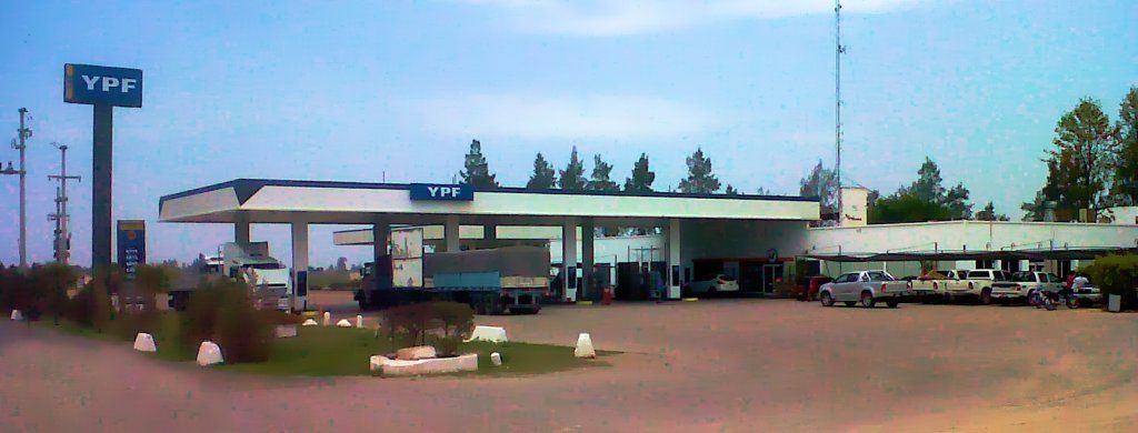 Gasolinera y tienda de conveniencia con surtidores, vehículos estacionados y árboles bajo un cielo despejado.